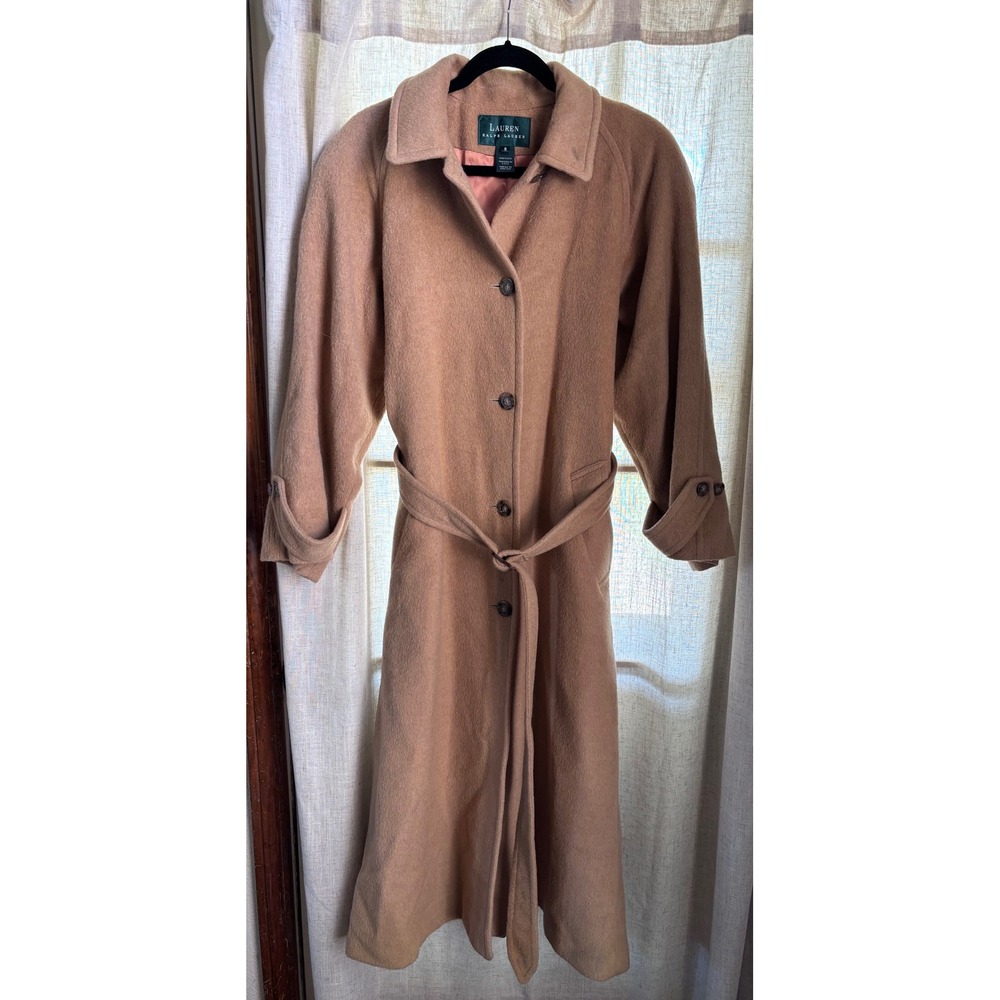 Lauren Ralph Lauren 100% Camel Hair Long Wrap Coat Tan Vintage USA Womens 6